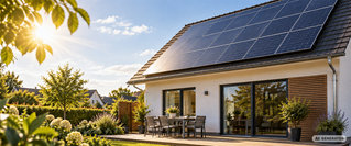 Einfamilienhaus mit großer Photovoltaikanlage auf dem Dach im Sonnenlicht, Symbolbild für Themen der Deutschen Vermögensberatung (DVAG) rund um Solarenergie und private Energieversorgung