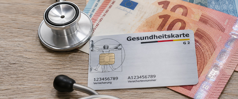Elektronische Gesundheitskarte, Stethoskop und Euro-Banknoten auf einem Tisch – Symbolbild für die gesetzliche Krankenversicherung, Gesundheitskosten und die finanziellen Auswirkungen geplanter Reformen.