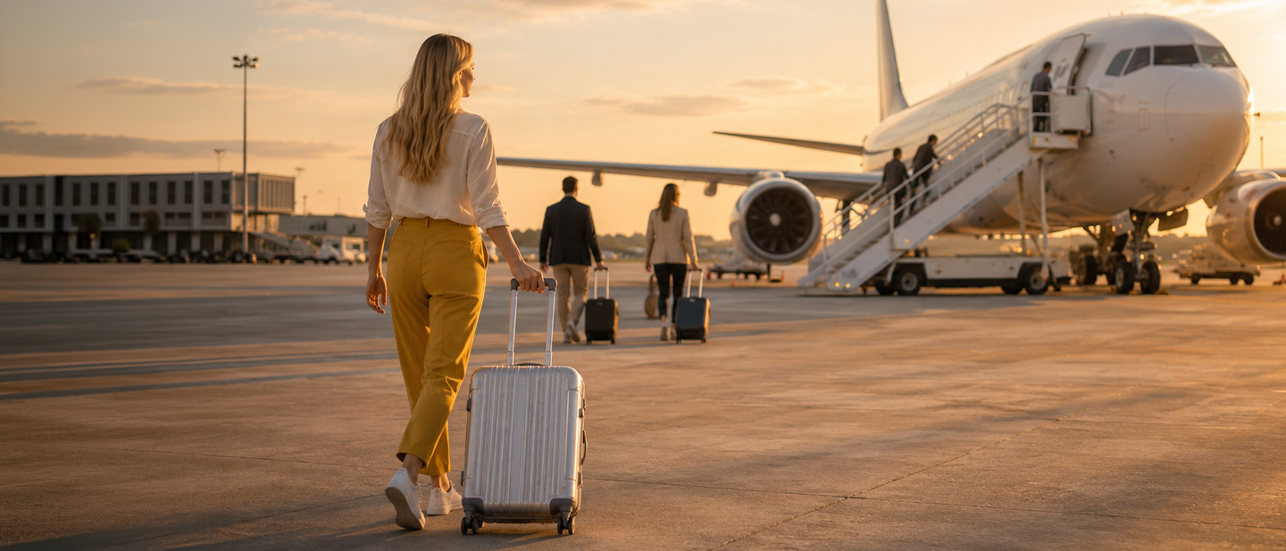 Eine Reisende zieht einen Rollkoffer über das Rollfeld zu einem Flugzeug, während weitere Passagiere über die Fluggasttreppe einsteigen – Symbolbild für Reiseabbruch, unvorhergesehene Reiseereignisse und den Schutz durch eine Reiseabbruchversicherung.