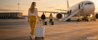 Eine Reisende zieht einen Rollkoffer über das Rollfeld zu einem Flugzeug, während weitere Passagiere über die Fluggasttreppe einsteigen – Symbolbild für Reiseabbruch, unvorhergesehene Reiseereignisse und den Schutz durch eine Reiseabbruchversicherung.